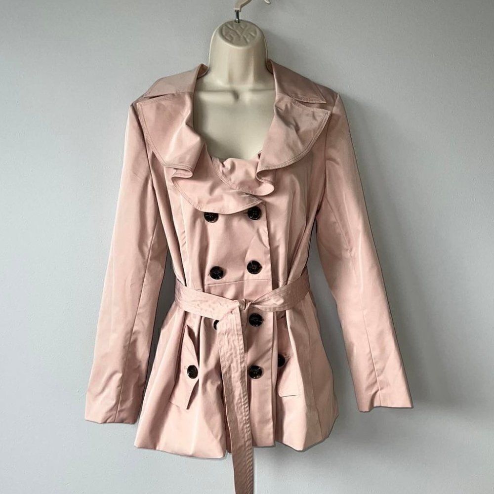 Sandro Studio Pink Ruffle/Button/Tie Front Trench Coat Size L